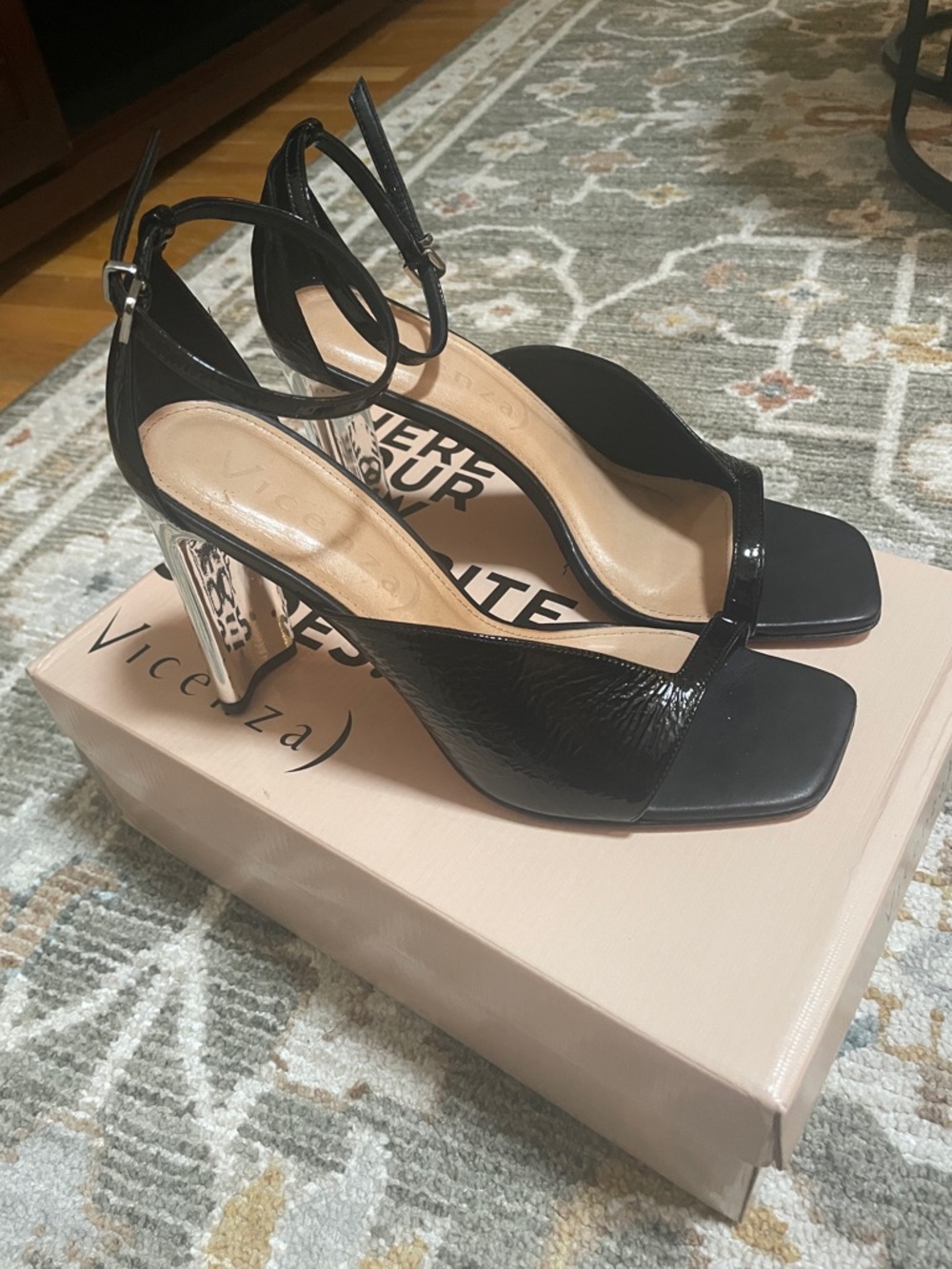 Vicenza black patent leather open toe heels with silver heel